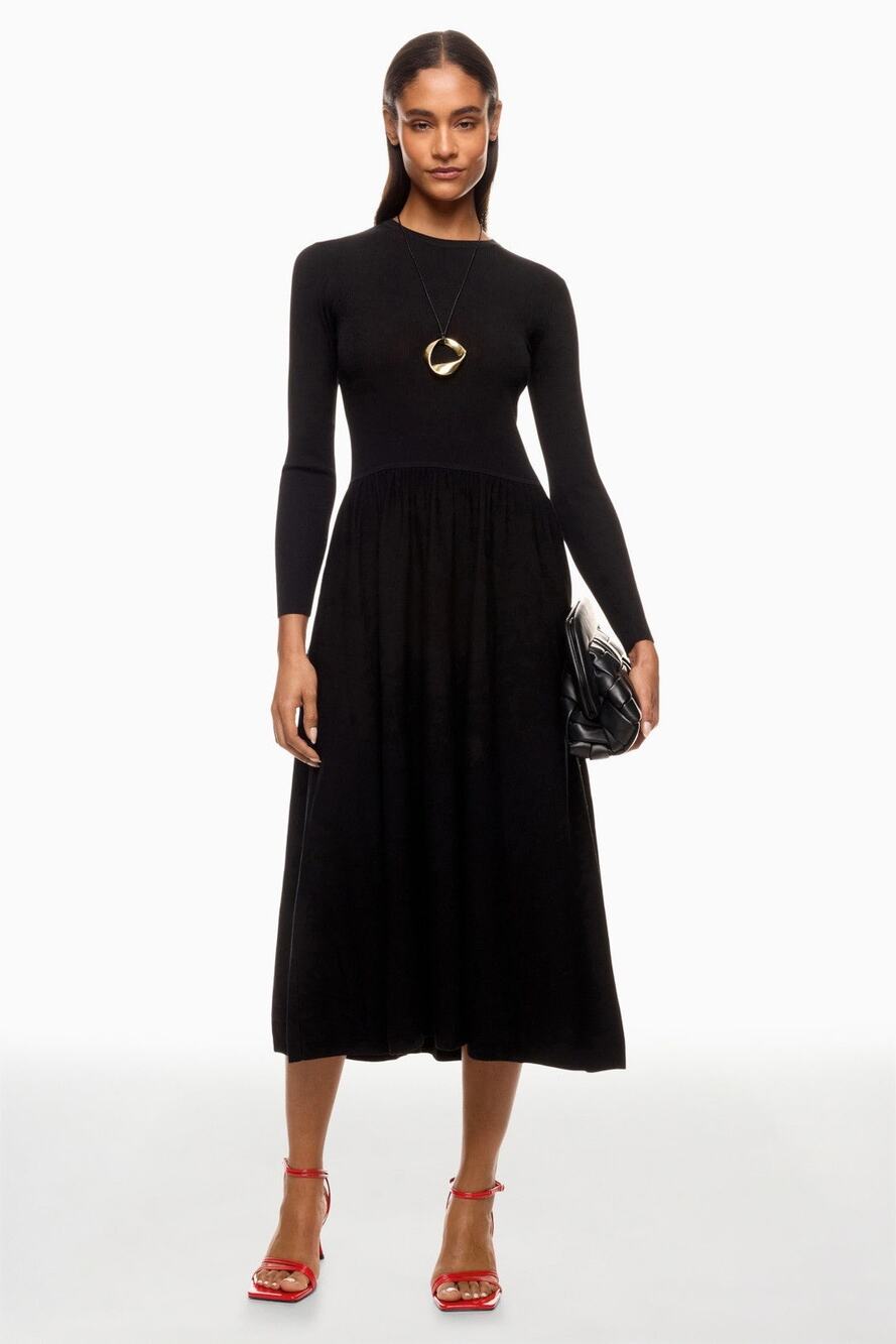 Thakoon Black Drop Waist Long Sleeve Knit A-Line Minimalist Midi Dress Size M